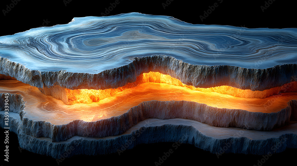 Glowing Geological Layers: A mesmerizing cross-section of layered geological formations, revealing vibrant internal textures and colors, evokes the Earth's hidden beauty