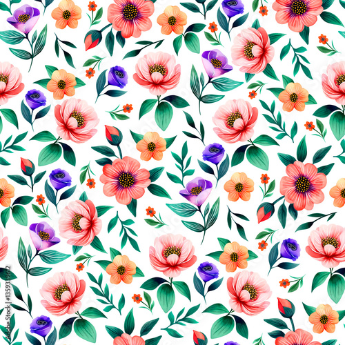 Colorful Seamless Flowers, Watercolor Floral Pattern, Hand Drawn Botanical Illustration on Transparent Background. PNG Digital File