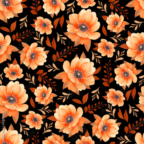 Watercolor Orange Flowers Seamless Pattern. Hand Drawn Digital Floral Illustration