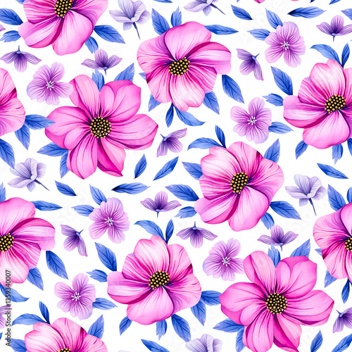 Watercolor Pink Florals Seamless Pattern. Hand Drawn Digital Flowers Illustration on Transparent Background. PNG File
