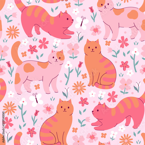 Seamless pattern with cute cats and flowers. Vector graphics.