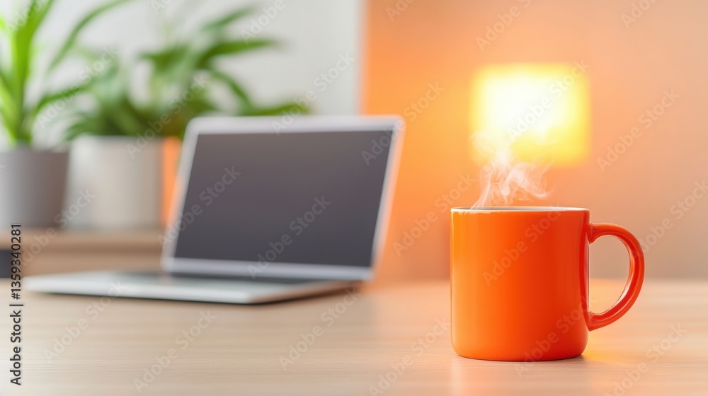A warm orange mug with steam sits on a wooden table, next to a laptop, in a cozy, plant-filled workspace. A warm orange mug with steam sits on a wooden table, next to a laptop, in a cozy, plant-filled workspace.