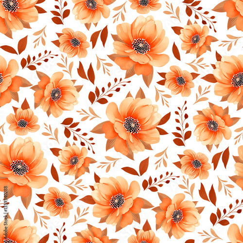 Watercolor Orange Flowers Seamless Pattern. Hand Drawn Digital Floral Illustration on Transparent Background. PNG File