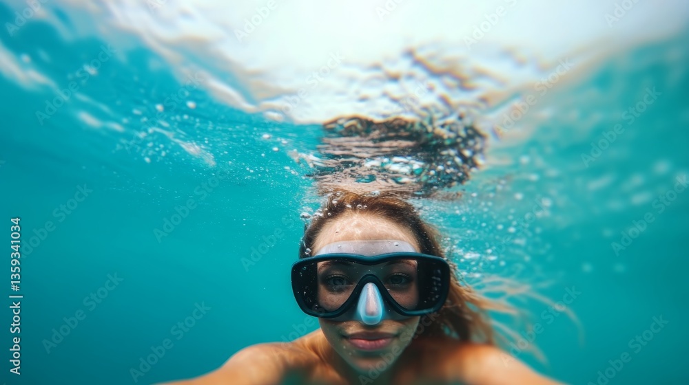 Naklejka premium Underwater snorkeling adventure in crystal clear tropical waters capturing the essence of marine exploration and aquatic beauty