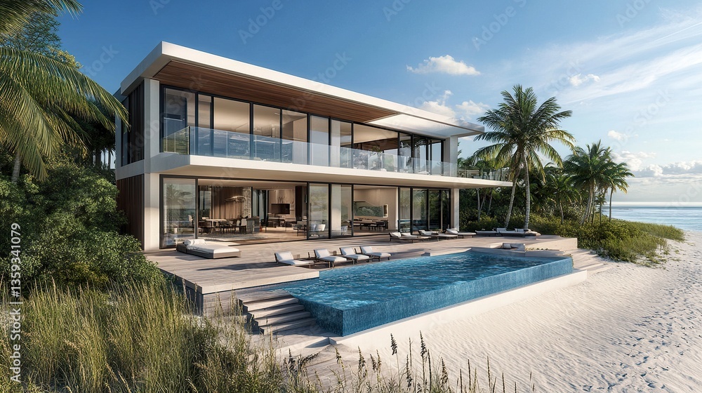 Obraz premium Contemporary beachfront property on Marco Island, spacious terraces overlooking the Gulf, clear blue water meeting white sand, warm light, cinematic aerial view. 