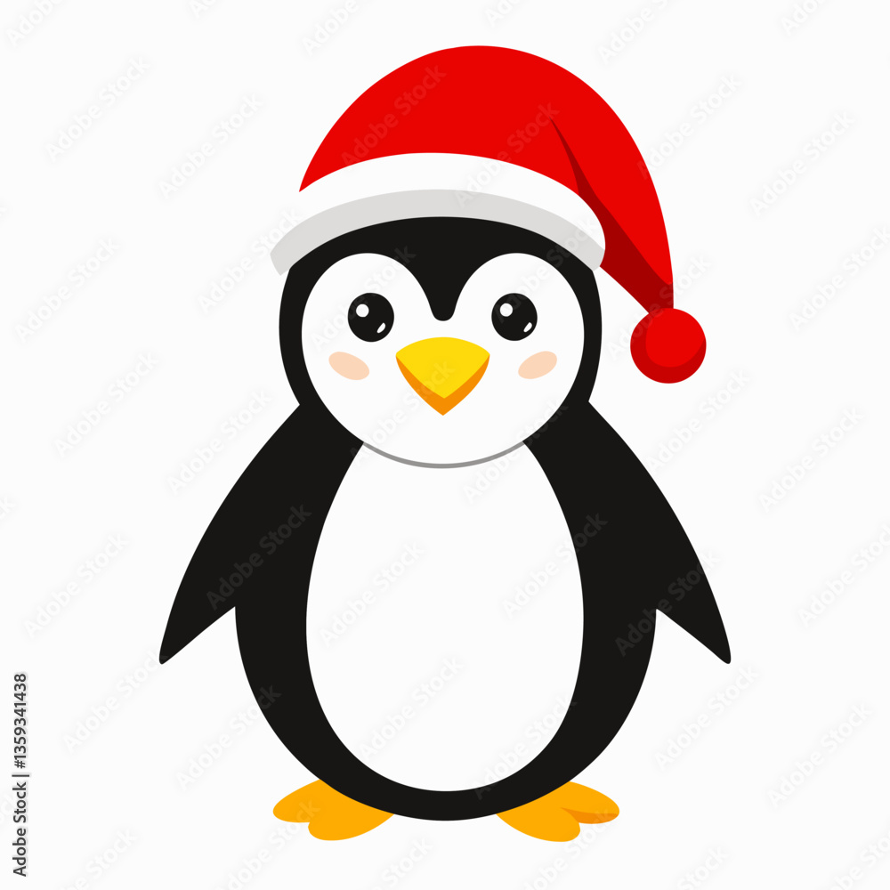 Naklejka premium Cartoon cute penguin wearing red christmas hat . Suitable for children's books, sticker, mascot, logo,icon.Vector illustration animal on white background