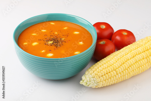 tomato soup with sweet corn on white background