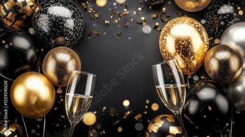 Elegant New Year's Eve Celebration with Balloons and Champagne: Festive Decorations for a Glamorous Party Theme