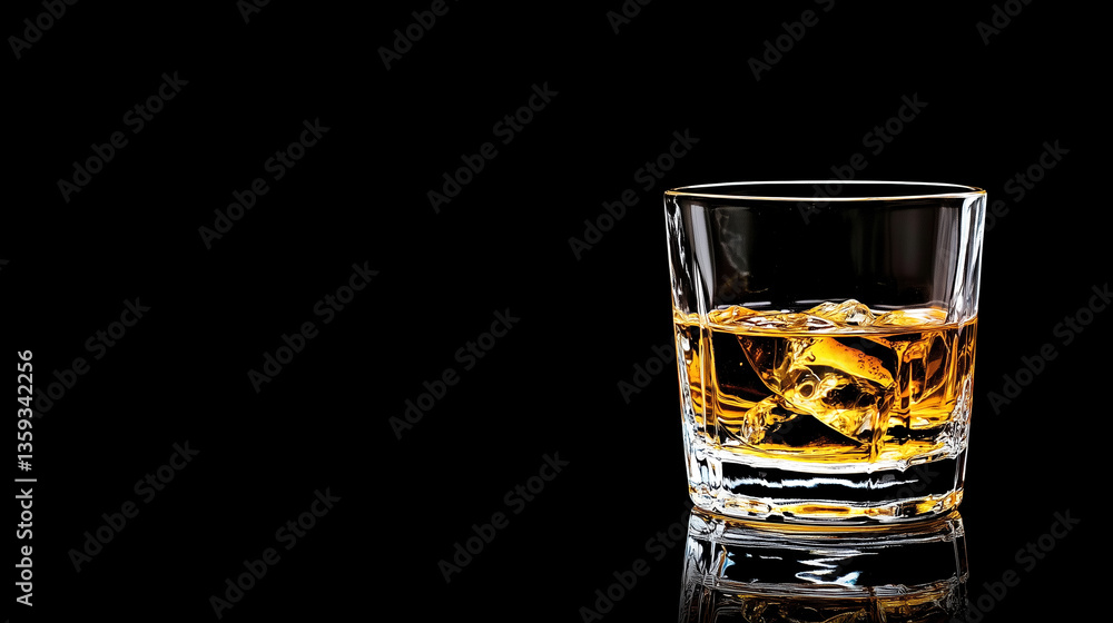 A glass of whiskey with ice cubes against a black background. A glass of whiskey with ice cubes against a black background.