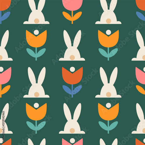 Spring seamless pattern. Abstract flowers, bunny. Vector