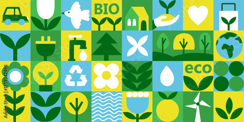 Geometric seamless eco pattern. Mosaic background with flowers, plants and simple shapes in Bauhaus style. Abstract eco concept. Vector