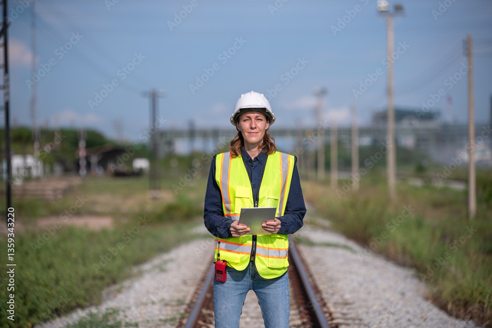 custom made wallpaper toronto digitalSurveyor engineers team wearing safety uniform and checking inspection railway construction site is industry transportation concept.