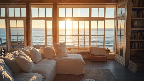 Cozy oceanfront house with soft  neutral tones and large picture windows offering panoramic views of the sea  warm sunlight filtering through 