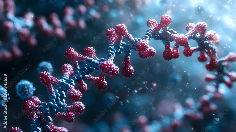 DNA Strand: Close-up, microscopic view of a vibrant, digitally rendered DNA strand, showcasing the intricate double helix structure and biological wonder.