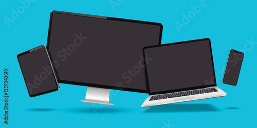 Modern desktop computer, laptop, and tablet with blank screens. Digital devices levitation on blue background.