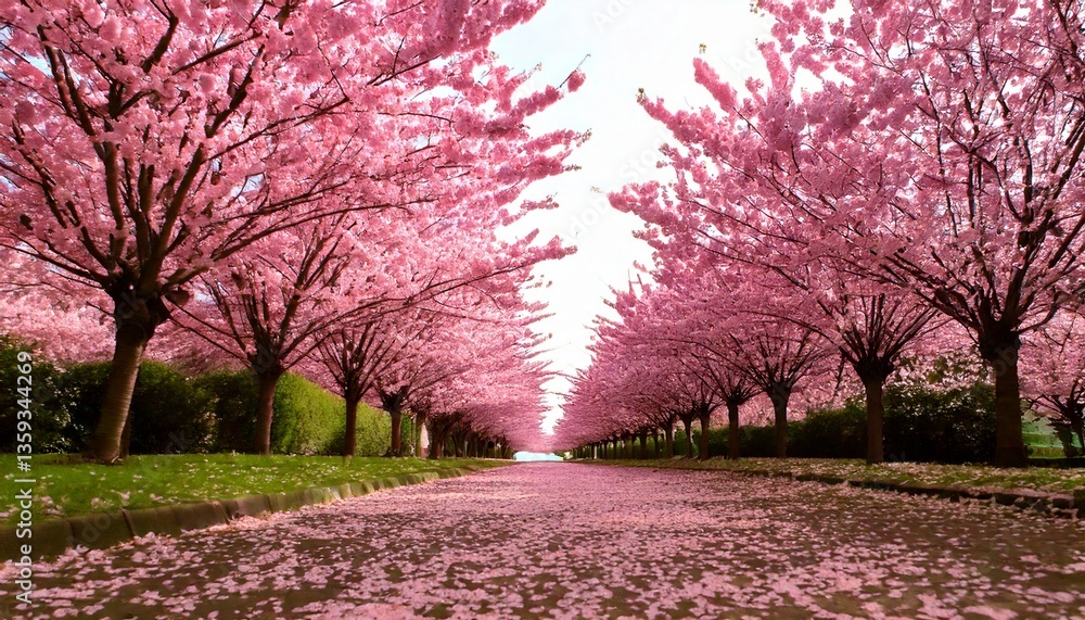 Naklejka premium 花びらでピンク色に染まった桜並木道