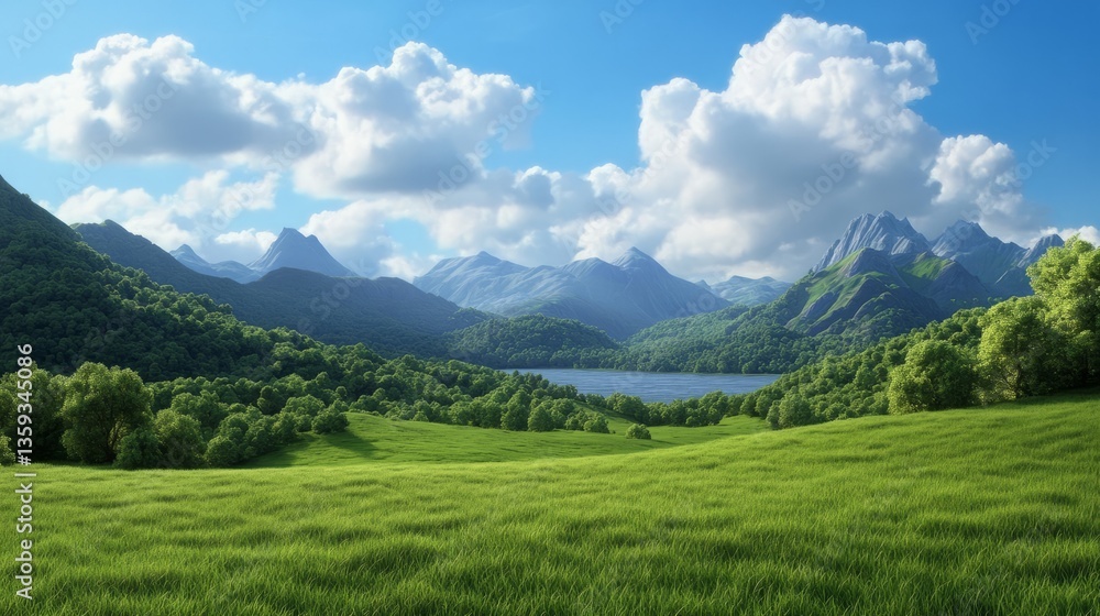 A tranquil mountain landscape with a serene lake, embodying peaceful nature, summer escape scenery A tranquil mountain landscape with a serene lake, embodying peaceful nature, summer escape scenery