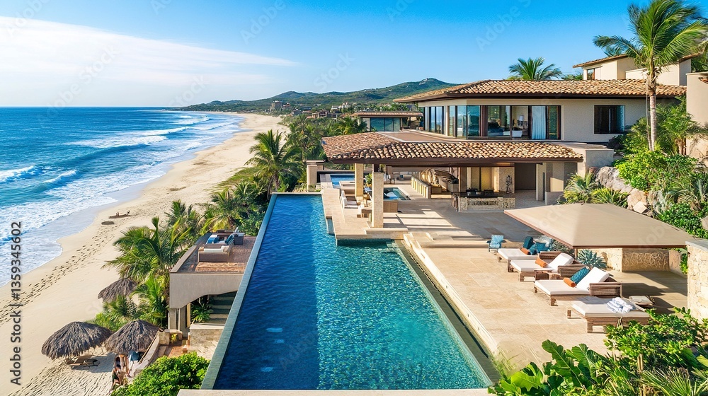 Fototapeta premium Elegant beachfront villa, rooftop terrace, pool shimmering in tropical sun, ocean waves and sandy beach visible below, aerial panoramic shot, midday brilliance.