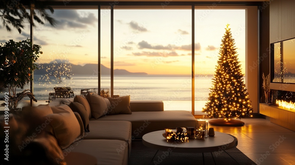 Fototapeta premium Elegant living room with warm Christmas decor, glowing yellow string lights, ocean sunset framed by glass walls, Christmas tree sparkling in the corner 