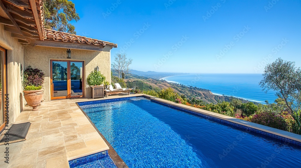 Fototapeta premium Elegant Malibu home with open-plan living spaces, glass doors leading to a terrace with panoramic Pacific Ocean views, vibrant blue water under bright natural light 