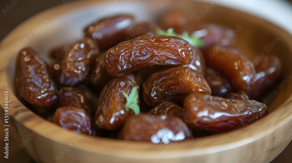 Closeup of Sweet Dates in Wooden Bowl Closeup of Sweet Dates in Wooden Bowl