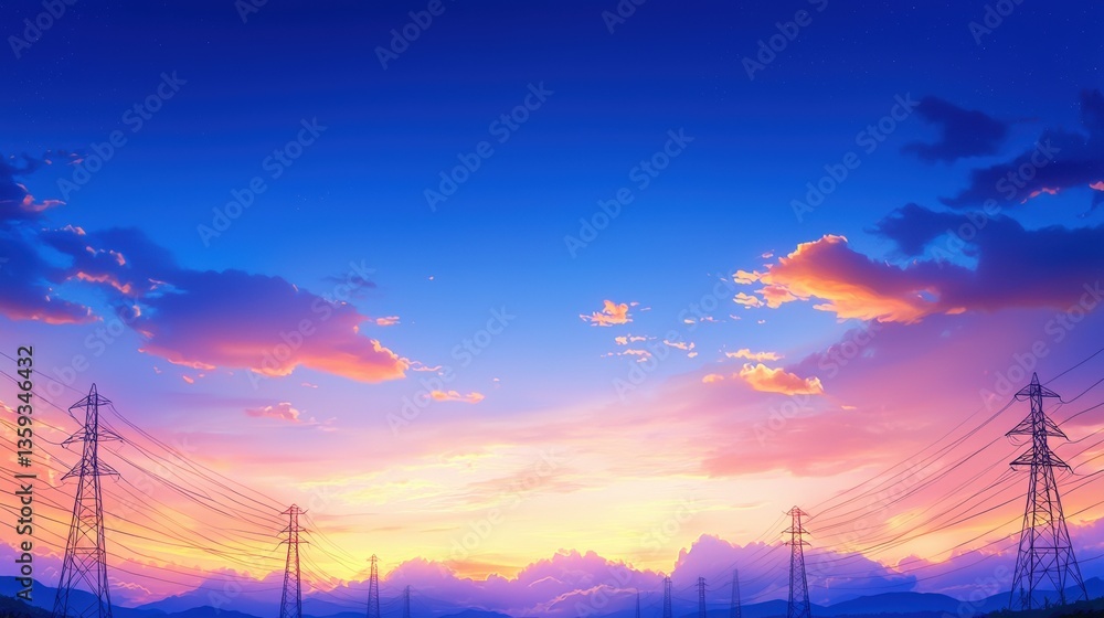 Naklejka premium A vibrant sunset with colorful clouds silhouetting power lines against a serene backdrop of mountains.