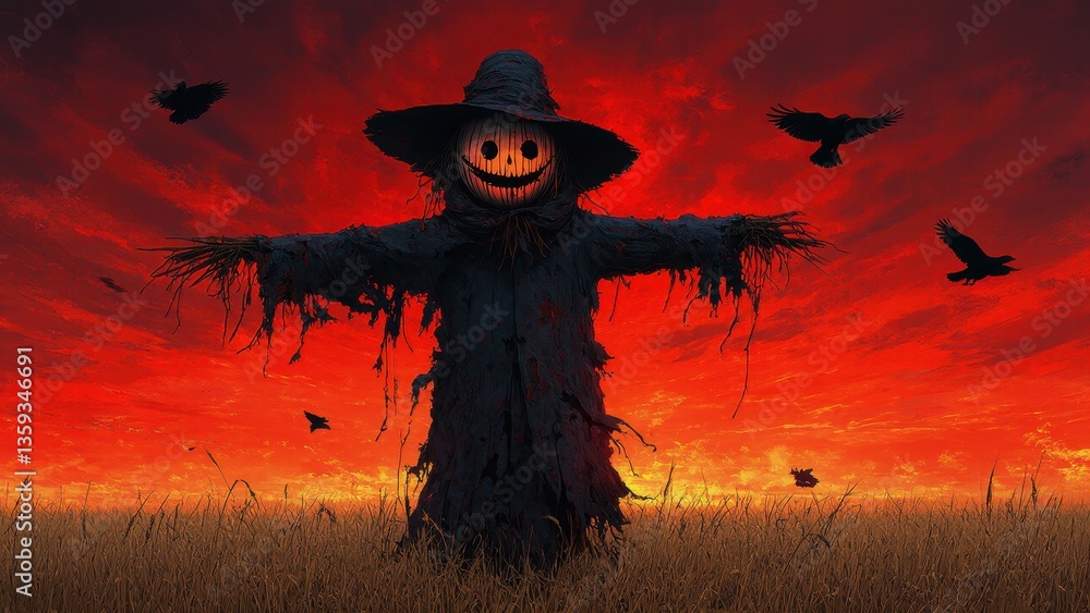 scarecrow in the field with birds and a red sky scarecrow in the field with birds and a red sky