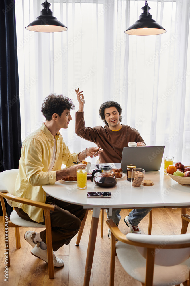 Two men enjoying a meal and conversation in their modern apartment Two men enjoying a meal and conversation in their modern apartment