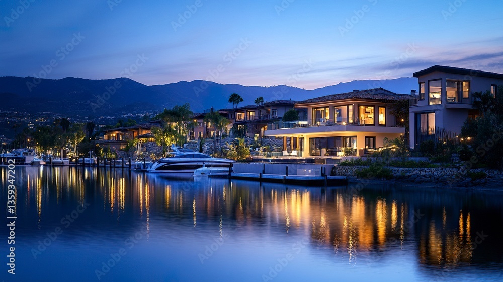 Elegant waterfront home with private marina, panoramic mountain views, sleek modern design, twilight glow reflecting on the water Elegant waterfront home with private marina, panoramic mountain views, sleek modern design, twilight glow reflecting on the water
