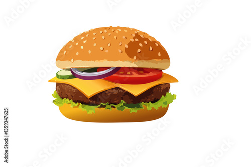  hamburguesa de ternera frita, con queso fundido y salsa mayo y salsa cheedar, tomate rojo, pepinillo, cebolla roja fina, estilo ultra realista