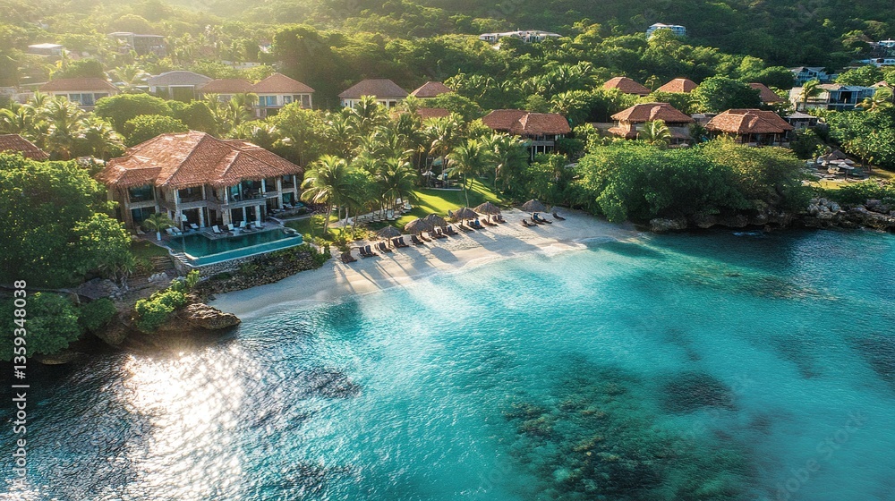 Elevated perspective of a beachfront resort, sprawling villas with thatched roofs, lush greenery surrounding crystal-clear Caribbean waters Elevated perspective of a beachfront resort, sprawling villas with thatched roofs, lush greenery surrounding crystal-clear Caribbean waters