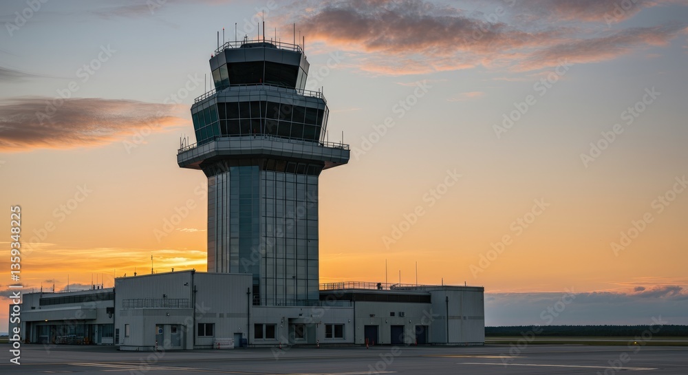 Obraz premium Air traffic control tower at sunset, clear sky, modern architecture