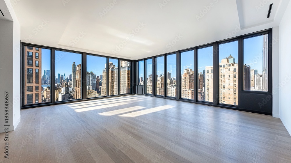 Fototapeta premium Empty living room with sleek modern finishes, expansive floor-to-ceiling windows revealing bright blue sky 