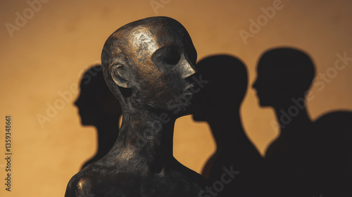 Close-up of a person's upper back and head, their shadow merging with multiple elongated figures on a neutral backdrop