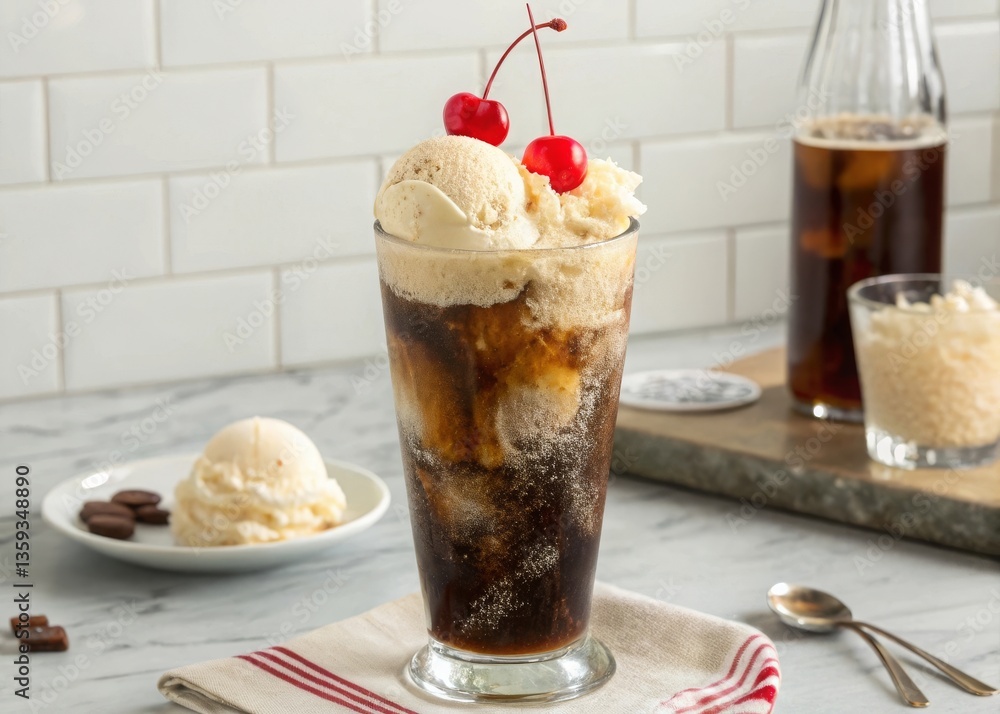 Indulge in a refreshing root beer float with vanilla ice cream in a tall glass at your favorite summer spot