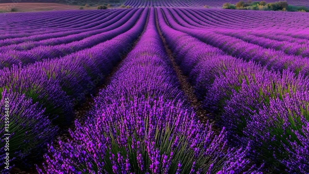 Obraz premium Vast fields of purple lavender in neatly arranged rows, creating a stunning, vibrant landscape. Concept Lavender Fields, Vibrant Landscape, Nature Photography, Colorful Scenery, Crop Arrangement