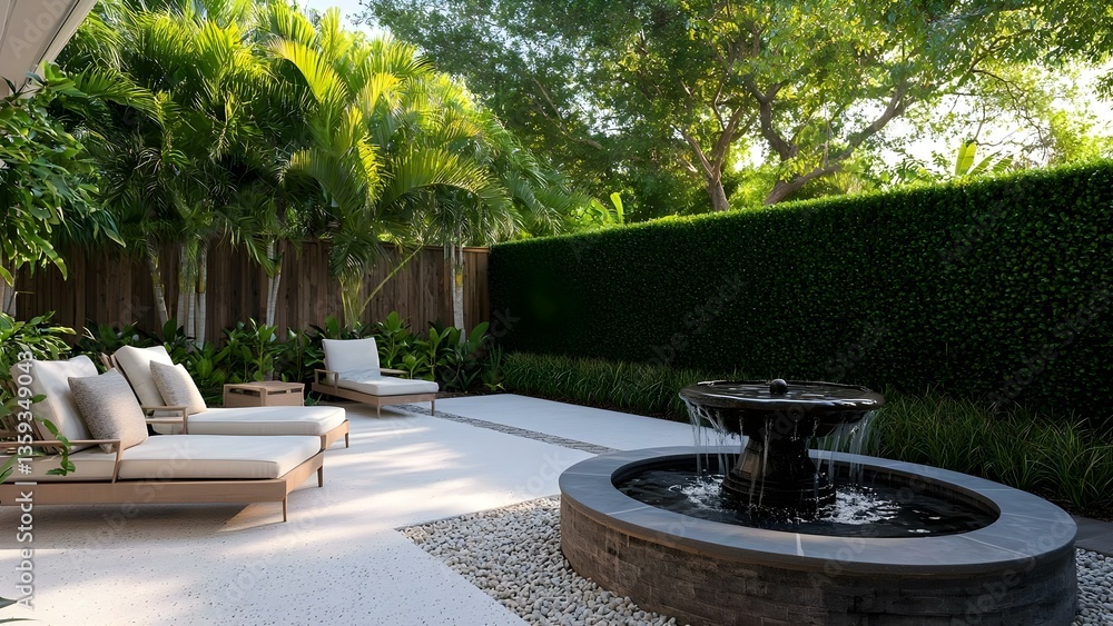 Obraz premium A serene outdoor space featuring comfortable seating, lush greenery, a fountain, and a modern design. Concept Serene Outdoor Space, Comfortable Seating, Lush Greenery, Fountain Feature