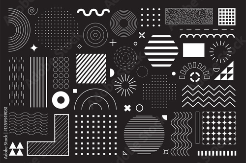 Geometric shapes mega set elements in flat graphic design. Bundle objects of circles, squares, triangles, hexagons with halftone, dots and lines pattern, waves and curve lines. Vector illustration.