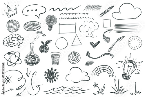 Scribble hand drawn mega set elements in flat graphic design. Collection objects of doodle speech bubble, wavy line, lightbulb, tree, shapes, brain, test tube, atom, apple, other. Vector illustration.
