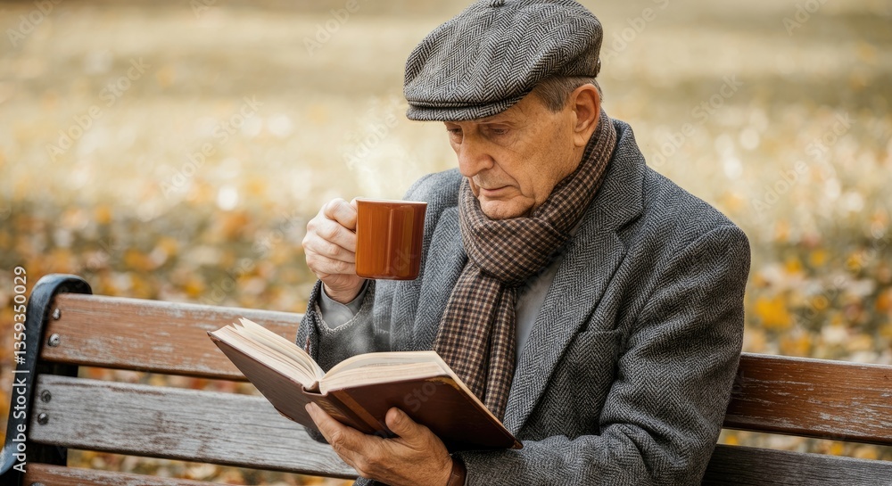 Fototapeta premium Elderly man in hat reading book on bench while sipping coffee
