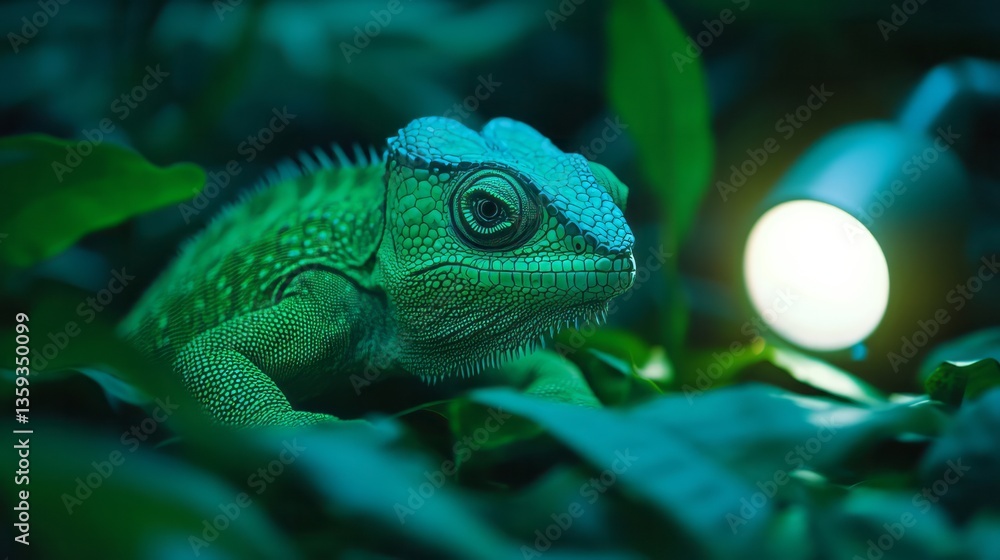 Fototapeta premium Chameleon blending in rainforest foliage with ambient light, wildlife adaptation, biodiversity conservation, exotic nature scene