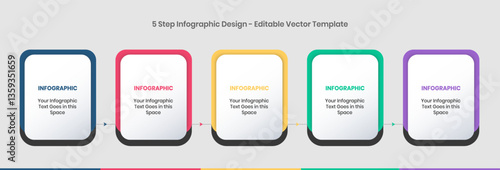 five Steps Infographics Design Template - Graph, Pie chart, workflow layout, vertical rectangular box diagram, brochure, report, presentation, web design graphic elements editable vector illustration