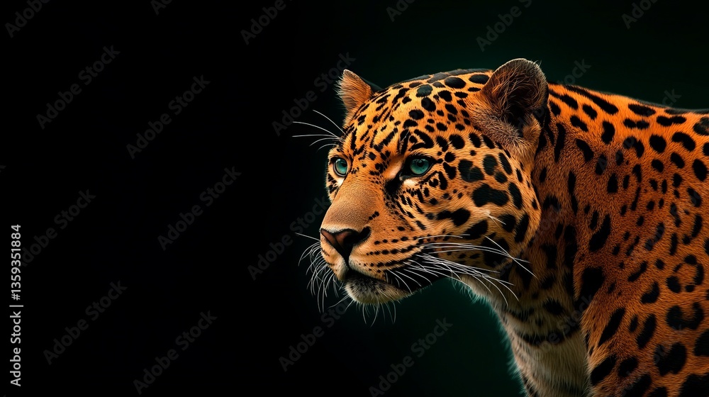 Obraz premium Majestic leopard with striking eyes on dark background, wildlife conservation, endangered species awareness