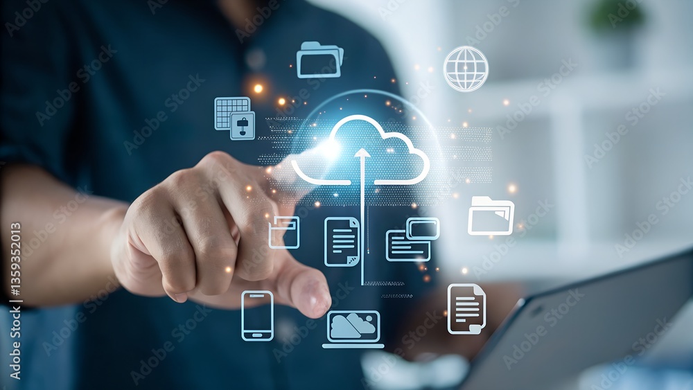Cloud storage of document management system. Business database and backup technology. Businessman touching cloud computing icon on many file icons. Cloud storage of document management system. Business database and backup technology. Businessman touching cloud computing icon on many file icons.