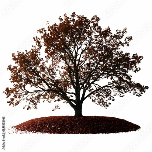 A solitary tree stands on a red, textured surface, set against a white background.