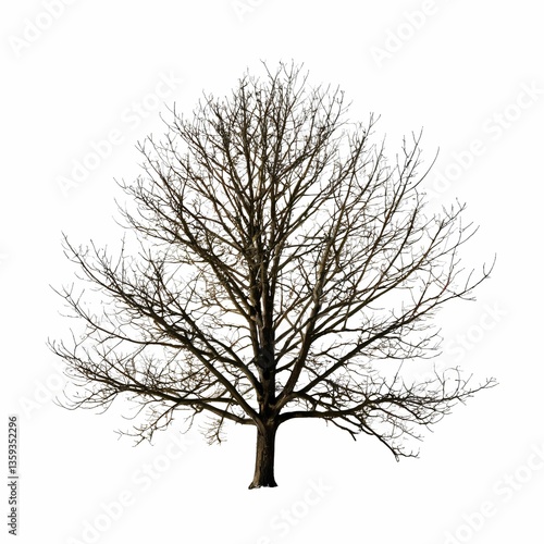 A solitary, leafless tree stands against a plain white background, casting long shadows.