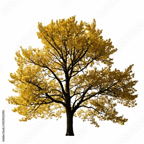 A single oak tree with colorful autumn leaves against a bright white background.