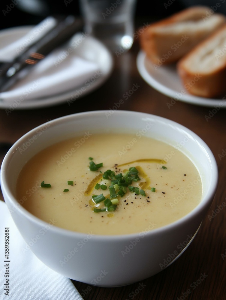 Bowl of soup on a wooden table. the soup is a creamy yellow color and appears to be thick and creamy. it is garnished with chopped green onions and black pepper flakes. Bowl of soup on a wooden table. the soup is a creamy yellow color and appears to be thick and creamy. it is garnished with chopped green onions and black pepper flakes.