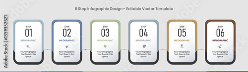 6 Steps Infographics Design Template - Graph, Pie chart, workflow layout, vertical rectangular box diagram, brochure, report, presentation, web design graphic elements editable vector illustration