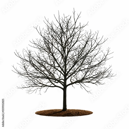 A bare tree stands alone on a white background, framed by a circular border